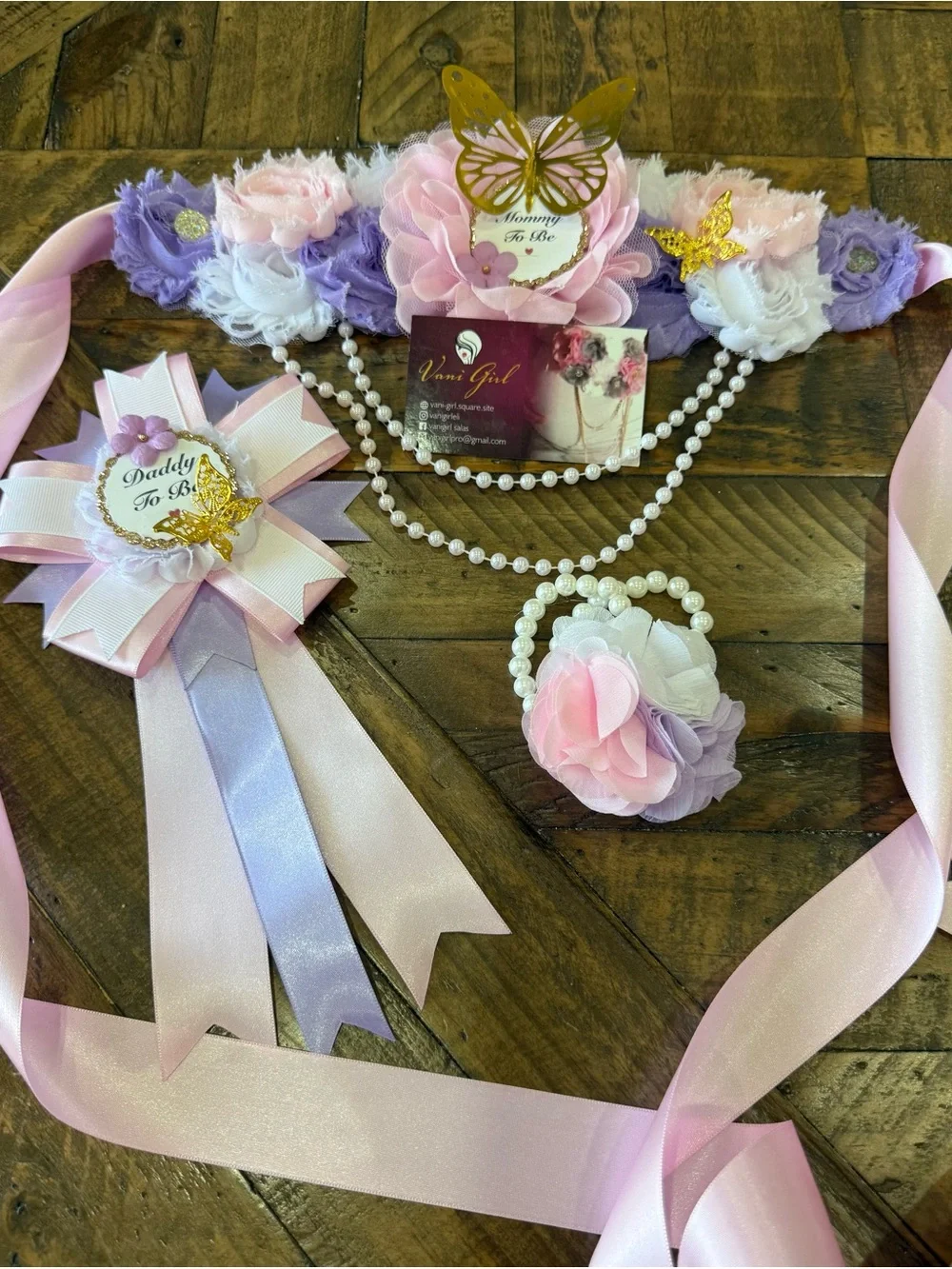 Floral Pink & Lavender Maternity Sash with Pearl Bracelet